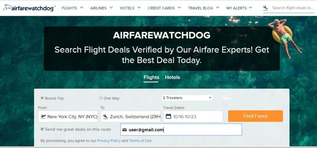 air fare watchdog to get best flight deal in email